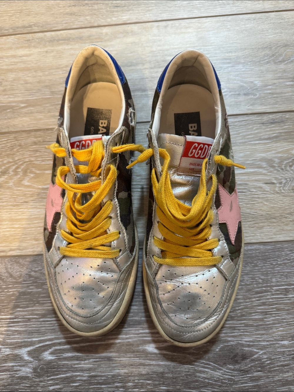 Golden Goose Metallic Silver Accent Sneakers with Yellow Laces